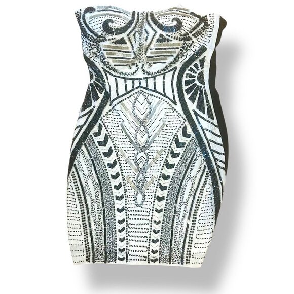 Strapless Sequin Beaded Mini Dress Black Silver White Small Petite Cocktail Club - Picture 1 of 13